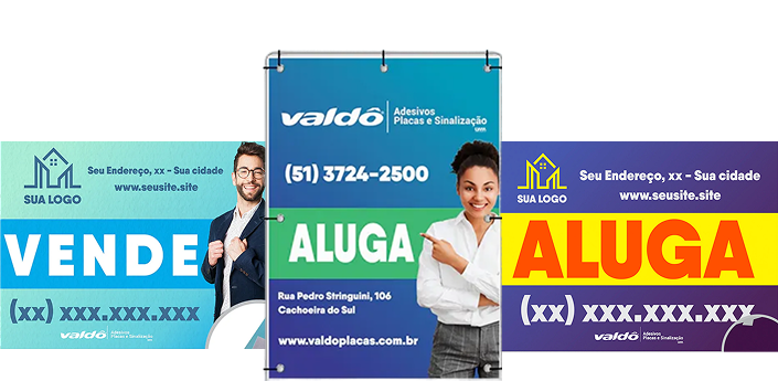 Modelos de placas imobiliárias Valdô: venda e aluguel personalizadas
